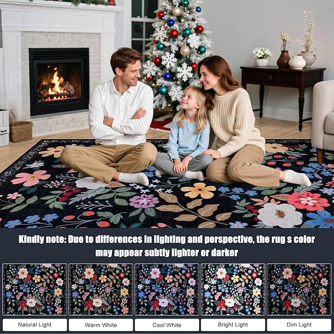 PLHXFR Area Rug 10x14 Living Room: Floral Washable Boho Soft Carpet Black | For Bedroom Dining Room Farmhouse Nursery Hallway,Vintage Floral,Machine washable,Non Slip,Stain Resistant,Large Indoor