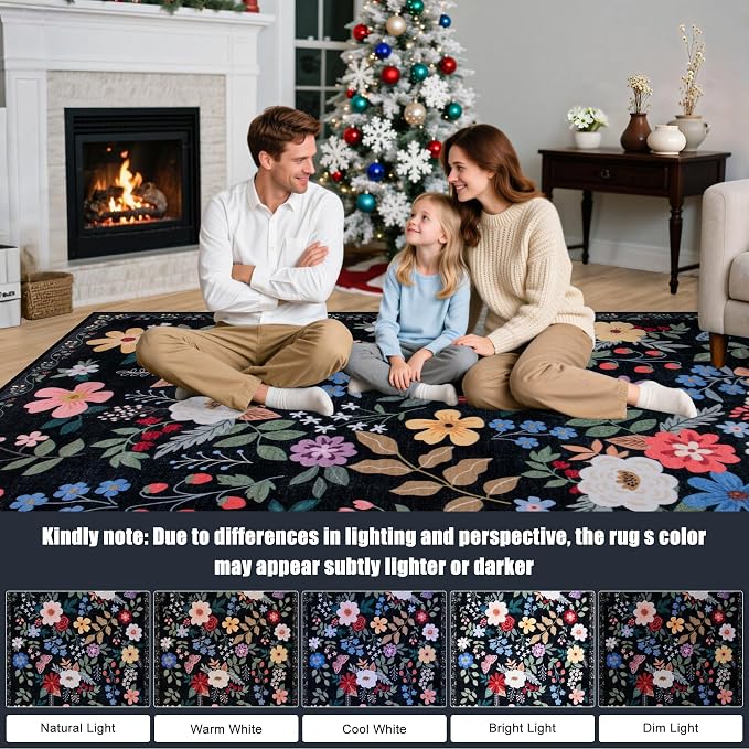PLHXFR Area Rug Living Room: 4x6 Floral Washable Boho Soft Carpet Black | For Bedroom Dining Room Farmhouse Nursery Hallway,Vintage Floral,Machine washable,Non Slip,Stain Resistant,Large Indoor