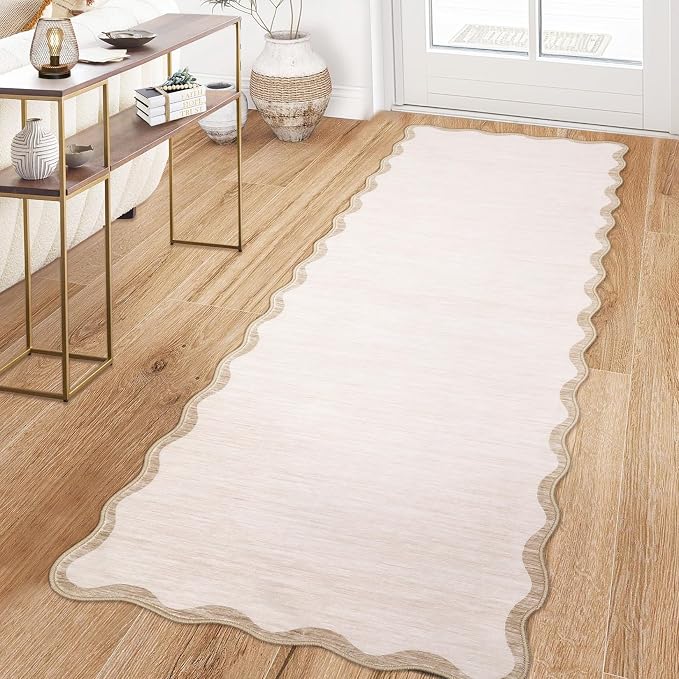 GarveeHome Scalloped Washable Runner Rug 2x6 Non Slip Kitchen Rugs, Beige | Modern Beige Indoor Entryway Rug Farmhouse Soft Bath Mat Stain Resistant Carpet for Bedroom Hallway Laundry 2 ft x6 ft Beige