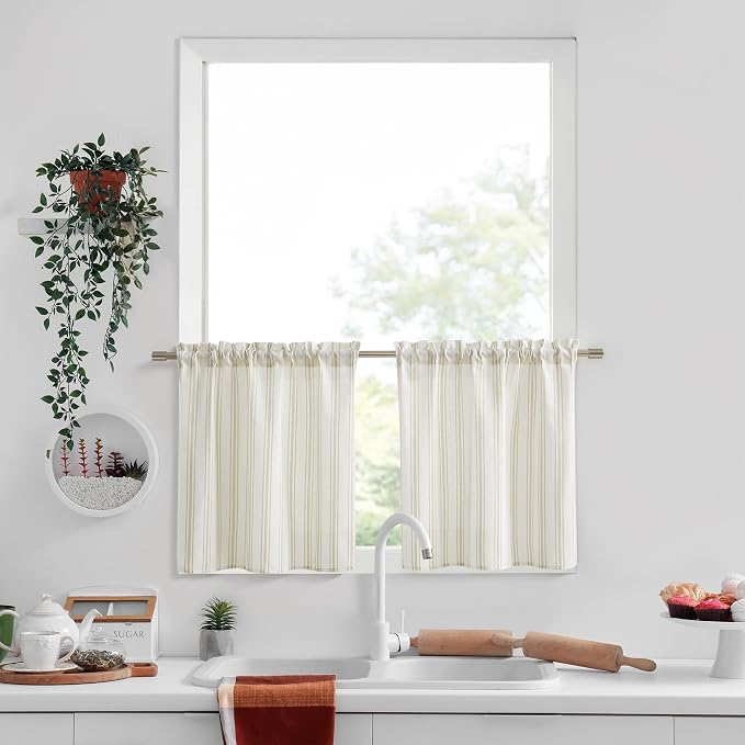 ZJDECOR Cotton Blended Tier Cafe Curtains with Beige Stripes,27" Wx24 Lx2 | Kitchen Curtains,Semi Sheer,Rod Pocket,Cotton Blend Tiers,Cottage Farmhouse Rusitc,Kitchen Bathroom RV Window Treatment