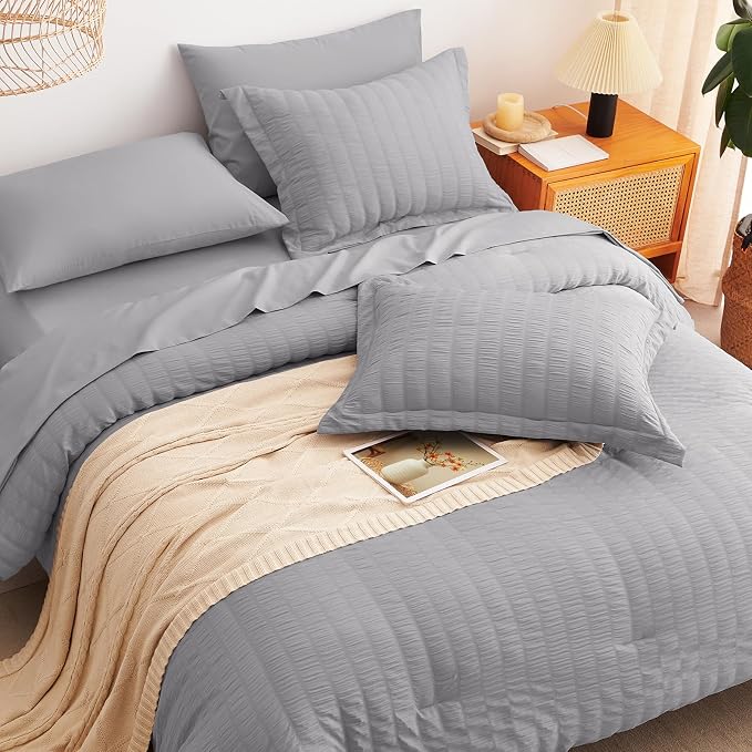 Queen Comforter Set, 7 Pieces Grey Seersucker Bed in a Bag | OEKO-TEX Certified, All Season Bedding Set with 240 GSM Down Alternative Comforter, Flat & Fitted Sheets, Pillowcases & Shams