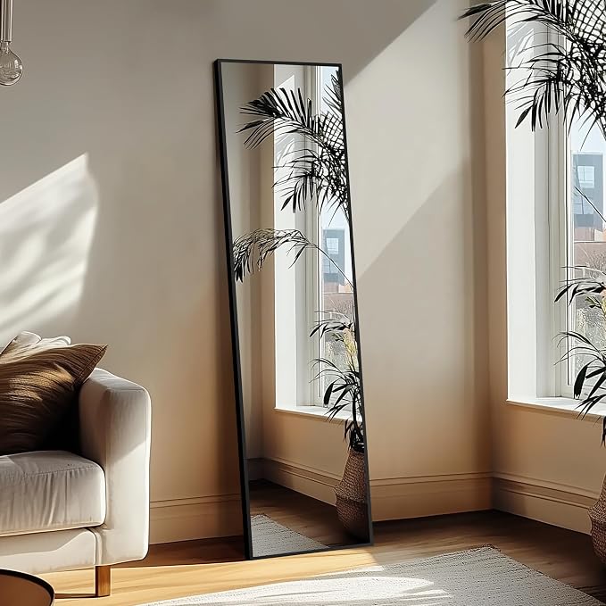 Full Length Mirror with Stand, Black Floor Mirror | Aluminium alloy frame with HD float glass for distortion-free reflection. Free standing or wall mounted.