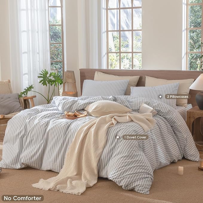 MooMee Striped Duvet Cover Set 100% Washed Cotton Linen Like Queen | Relaxed Linen-like Texture. Soft, Breathable & Long-lasting Comfort. Lightweight. Hidden Zipper with 8 Interior Corner Ties