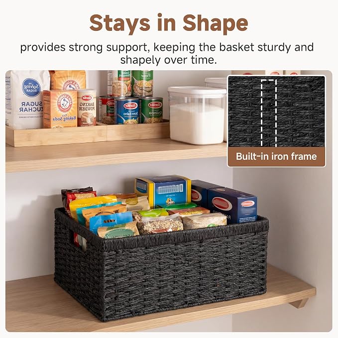 StorageWorks Wicker Storage Baskets for Organizing, Black Baskets, 2-Pack | Paper Rope Wicker Baskets with Handles, Black Storage Baskets for Shelves, Black Wicker Baskets, Woven Baskets