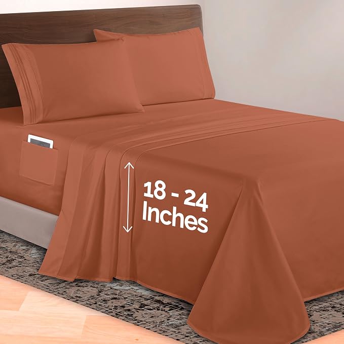 Elegant Comfort Luxurious 1500 Premium Hotel Quality Microfiber 4-Piece Sheet Set, 18-24 Inches Deep - Extra Deep Pocket Sheets - Ultra Soft 4PC Deep Pocket Sheets, Queen, Coral