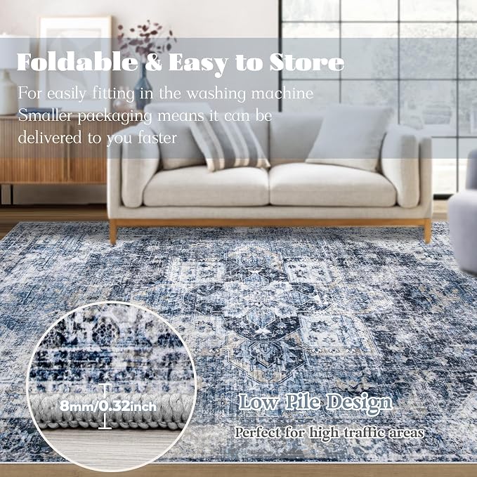 Area Rug 9x12 Washable Rug, Vintage Boho Medallion Rugs Non-Slip Soft Low Pile Large Distressed Rug Indoor Retro Carpet for Living Room Bedroom Dining Room Home Office (Blue, 9'x12')