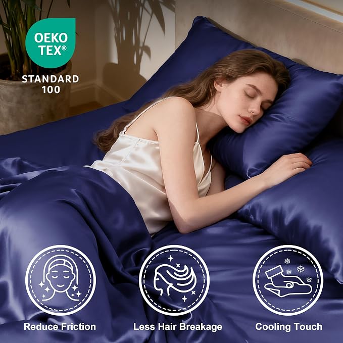 Love's cabin Full Size Satin Sheet Sets - 4 Piece Navy Blue Silky Sheet Set Full with Deep Pocket, Luxury Silk Feel Satin Bed Sheets Full Bedding Set (1 Flat Sheet,1 Fitted Sheet,2 Pillow Cases)