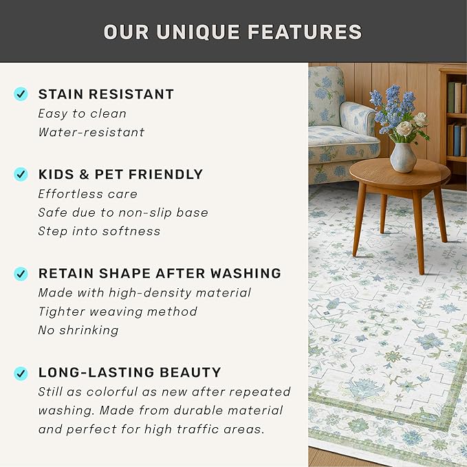 Washable Oushak 2x6 Bathroom Runner Rug, Eclectic Boho Floral Pastel, Non Slip Low Pile Stain Resistant Small Throw Rug for Bedroom, Laundry Room, Powder Room, Cream Green