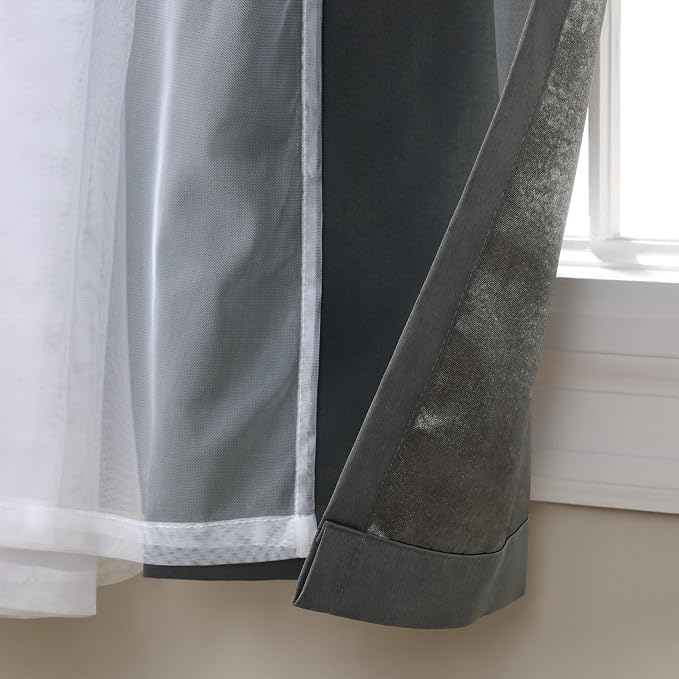 TOWN & COUNTRY LUXE Talia Double Layer Indoor Curtains, Sheer and Room Darkening Blackout, Grommet Top, Energy Efficient, 2-Pack Set, 52"x108", Black Pearl