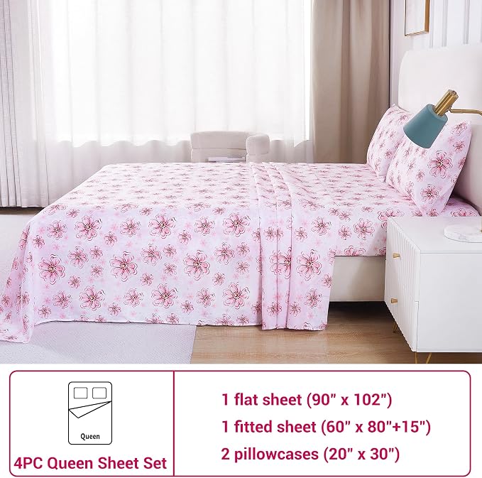 Softan Pink Floral Queen Sheet Set, Cozy Printed Microfiber Bed Fitted Sheets with 15" Deep Pocket & Non-Slip Corner Straps, Cherry Blossom Watercolor Flower Patterned Sheets & Pillowcase Set