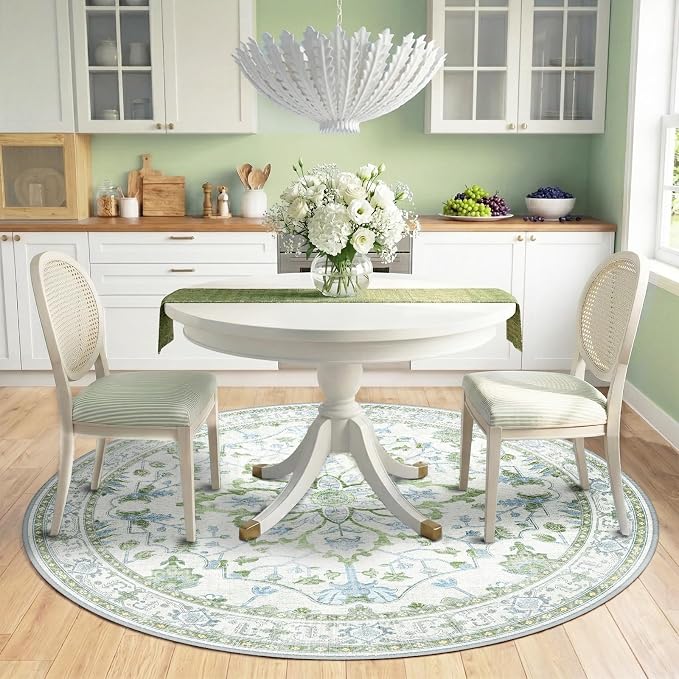 RELEANY Washable Area Rug, Round 6ft, Green/White/Blue | Non-Slip, Water Repellent, Pet Friendly, Easy to Clean, Vintage Floral Boho Decor for Living Room Bedroom Dining Room