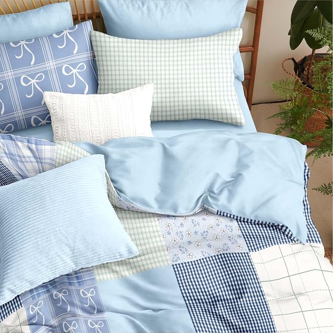 Nayoroom Plaid Duvet Cover Queen Size Reversible Blue Patchwork Checkered Duvet Cover Dorm Bedding Set 3 Pieces Soft Lightweight Washed Microfiber Farmhouse Bedding Set Gifts for Women Men