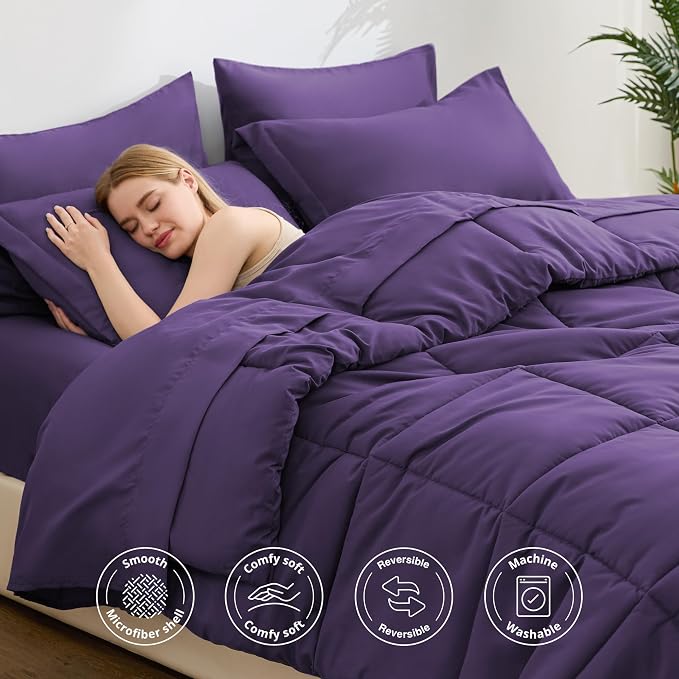 Love's cabin Queen Comforter Set Dark Purple, 7 Pieces Queen Bed in a Bag, All Season Bedding Sets with 1 Comforter, 1 Flat Sheet, 1 Fitted Sheet, 2 Pillowcase and 2 Pillow Sham