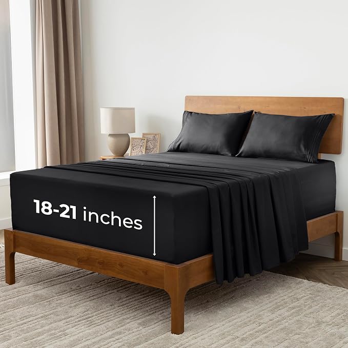 Mellanni Iconic 4-Piece, Ultra Soft Sheet Set (King, Black) | 10M+ Sleepers. Lab-tested: Sleeps Cool, Stays Bright, Strong, Smooth. Good Housekeeping Best Bedding, 7 yrs running.