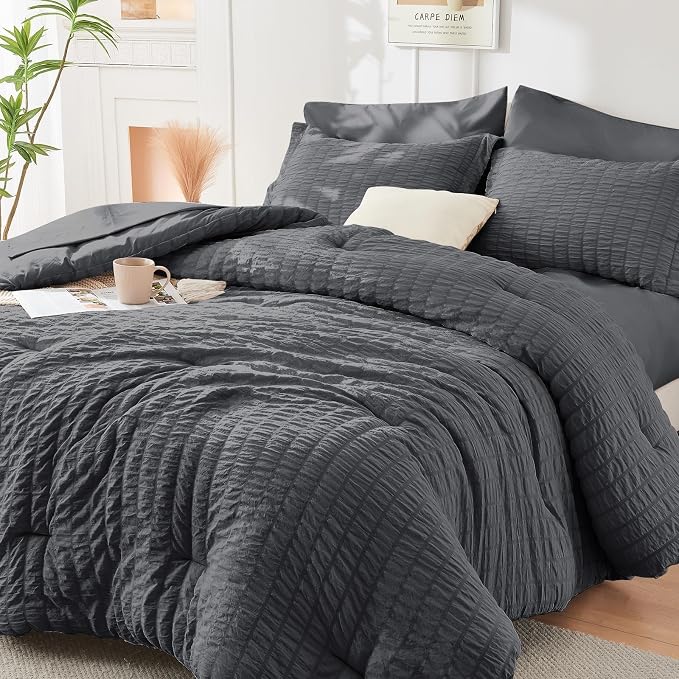 HYMOKEGE Twin XL Comforter Set Seersucker 5 Pieces, All Season Luxury Bed in a Bag for Bedroom, Bedding Set with Comforter, Sheet, Pillowcase & Sham, Dark Grey