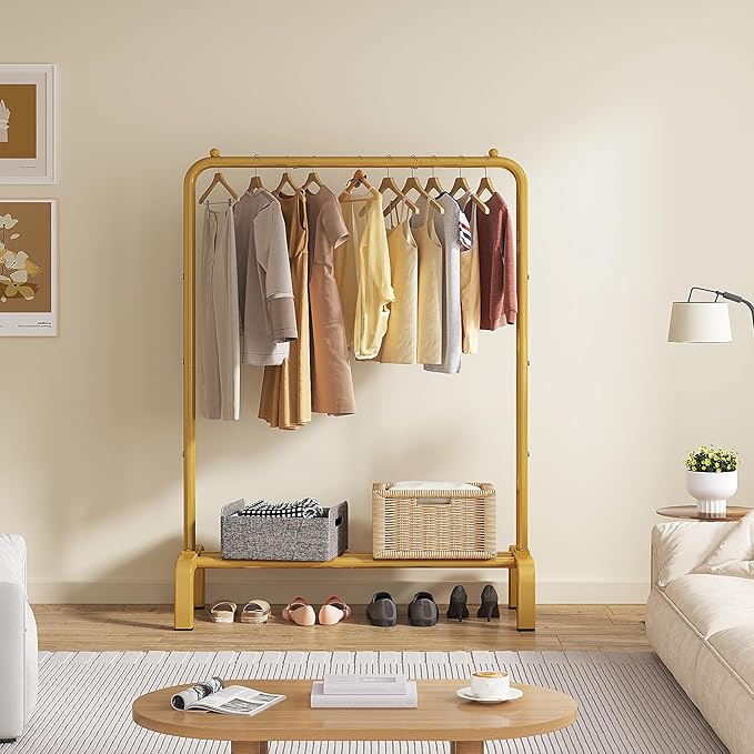 JIUYOTREE Garment Rack Clothing Clothes Rack for Clothes Organizing Gold | Standard Metal 34 Inches Garment Rack with Bottom Shelf for Hanging Clothes Coats Jackets Shirts Sweaters Jeans Gold