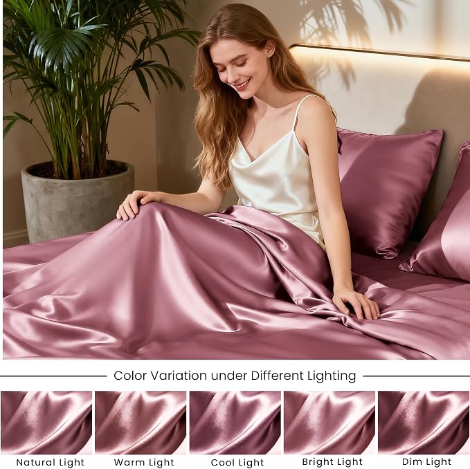 Love's cabin Satin Queen Sheets Set - 4 Piece Rose Taupe Silky Bed Sheets Set with Deep Pocket, Luxury Silk Feel Satin Queen Size Sheet Set (1 Flat Sheet,1 Fitted Sheet,2 Pillow Cases)