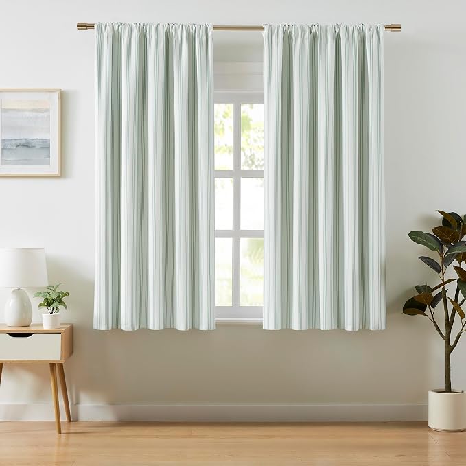 ZJDECOR 72 Inch Green White Striped Full Blackout Curtain Panels | Stripe on White Cotton Blended Fabric,Room Darkening Window Treatment for Bedroom Living Room,Back Tabs Rod Pocket