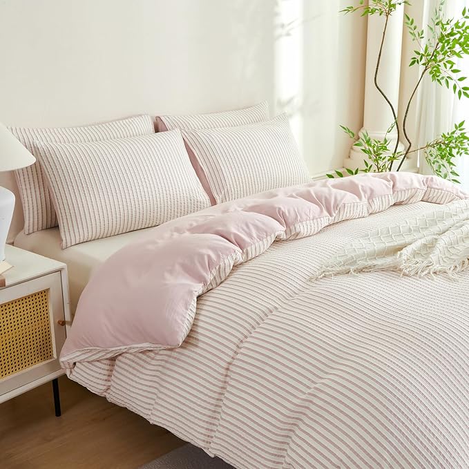 Comforter Set King Size Dusty Pink Soft Luxury Washed Microfiber Jacquard 3 Pieces Bedding Set, White Dusty Pink Vertical Ticking Stripes Comforter with 2 Pillowcases Breathable Durable Comfy