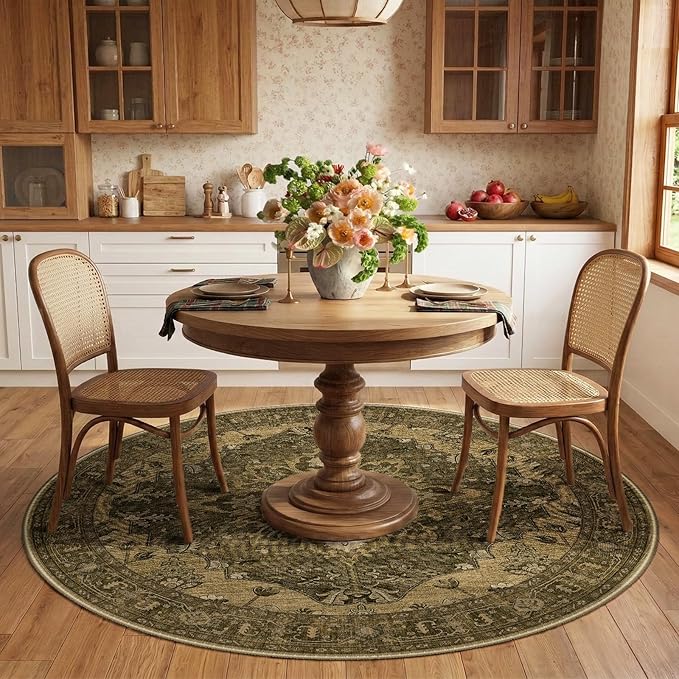 RELEANY Washable Area Rug, Round 6ft, Brown/Dark Brown | Non-Slip, Water Repellent, Pet Friendly, Easy to Clean, Vintage Floral Boho Decor for Living Room Bedroom Dining Room
