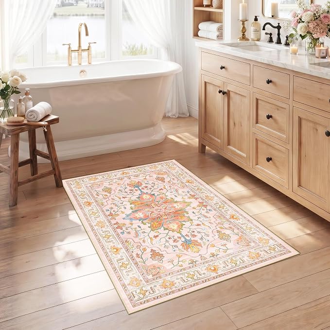RELEANY Washable Area Rug, Small 2'6"x4', Pink/Light Pink/Colorful | Non-Slip, Water Repellent, Pet Friendly, Easy to Clean, Vintage Floral Boho Decor for Kitchen Entryway Bathroom