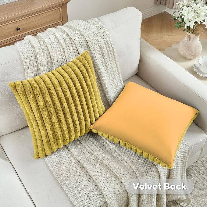 FUTEI Pack of 2 Faux Fur Throw Pillow Covers 18x18 Inch, Mustard Yellow | Fluffy Faux Rabbit Fur Front/Premium Velvet Back,Hidden Zipper,Machine Washable,Non-Shedding,Colorfast,Insert Not Included.