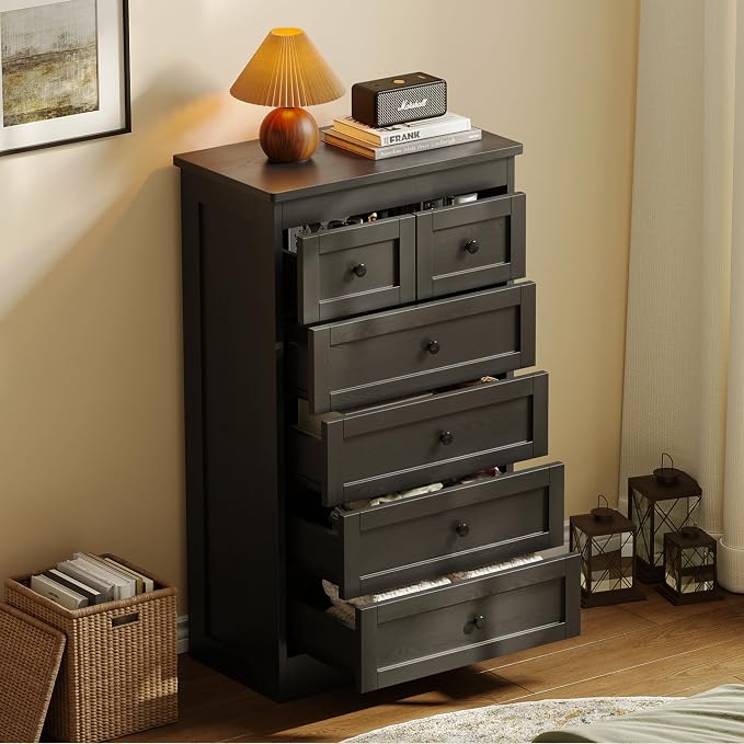 wanan Tall 6 Drawer Dresser for Bedroom, Black Modern 43.3'' Tall Wood Chest of Drawers, Storage Organizer with Smooth Metal Rails & Anti-Tip Kit for Closet, Hallway, Living Room