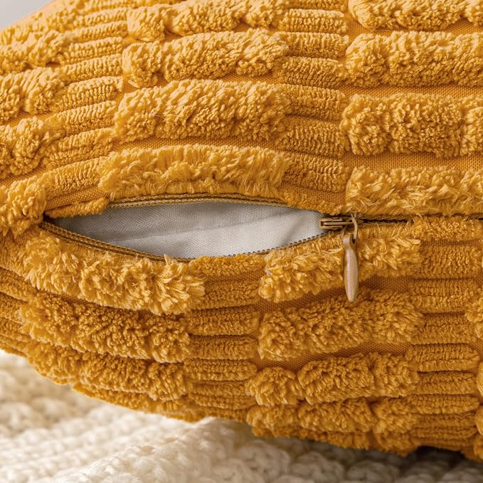 MIULEE Corduroy Decorative Throw Pillow Covers 16x16 Gold Yellow Pack of 2 | Soft Boho Striped Pillow Covers Modern Farmhouse Home Decor For Sofa Living Room Couch Bed