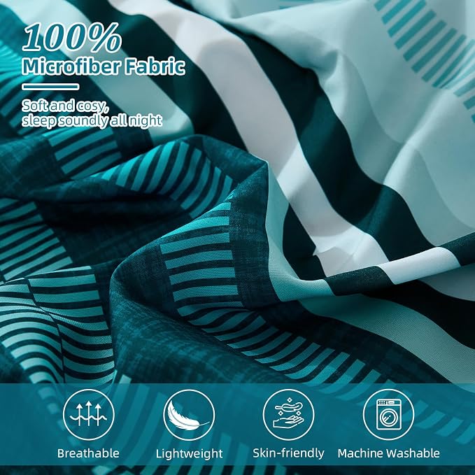 Dobuyly Teal Queen Comforter Set 7 Pieces, Blue Boho Striped Bed in a Bag Queen Size Soft Microfiber All Season Bedding Set with Comforter, Sheets, Pillowcases & Shams