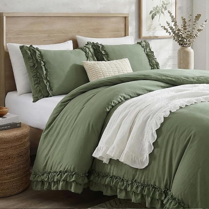 Avocado Green Duvet Cover King Ruffled Bedding Set Pleated Ruffle Fringe Shabby Chic Bedding Super Soft Cozy Boho Bedroom Bedding for All Season