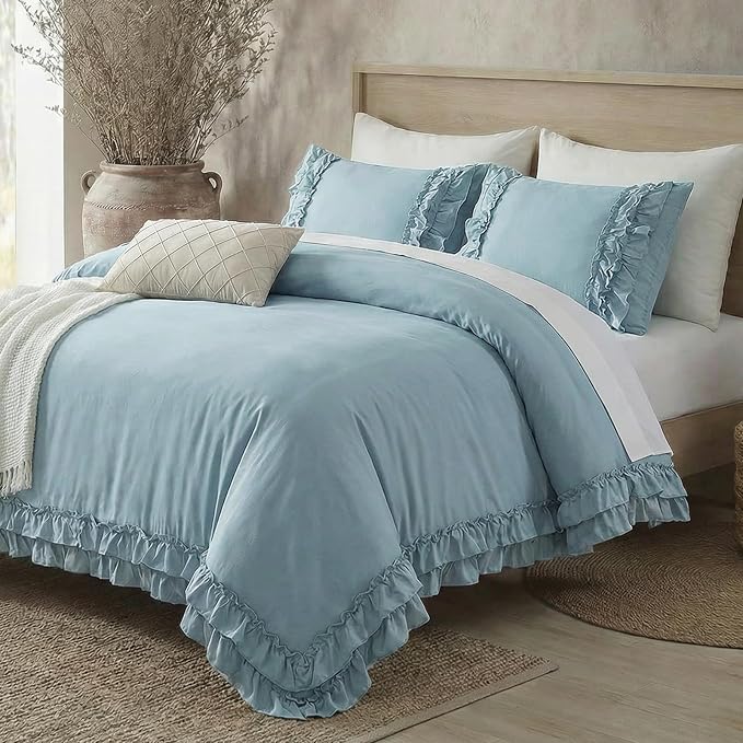 Grayish Blue Duvet Cover Queen Vintage Ruffled Bedding Shabby Chic Boho Bedroom Decor Super Soft All Season Ruffle Duvet Cover Set