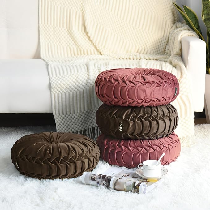 HIG Set of 2 Chocolate Velvet Decorative Round Pleated Throw Pillows | Vintage Floor Pillows, Classy Accent Pumpkin with Center Button, for Sofa Couch Vanity Chair Bed, 14.5" Diameter