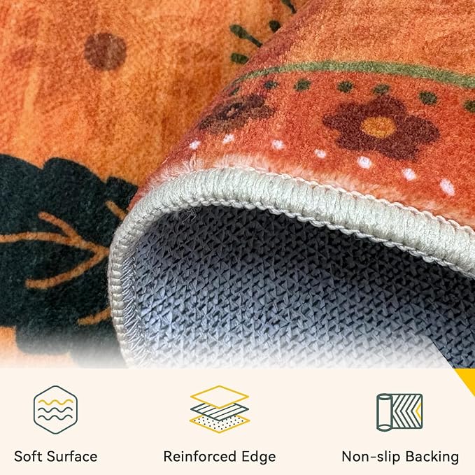 RELEANY Floral Washable 6x9 Area Rugs BurntOrange | Flower Carpet, Print, Boho, Non-Slip, Easy to Clean, Soft, Low Pile for Living Room Bedroom Kitchen Office Entryway Hallway