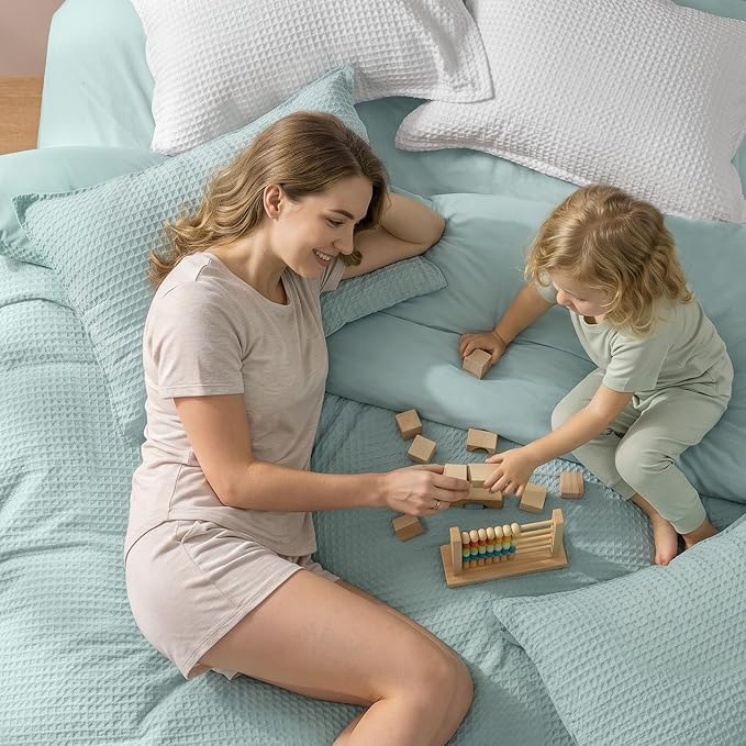 PHF Waffle Duvet Cover Queen, Ultra Soft & Breathable, 90"x90", Aqua | 300GSM Fabrie，No Snagging Textured Honeycomb Comforter Cover for All Season 3pcs, Durable Bedding Duvet Set, Home Decor Gift