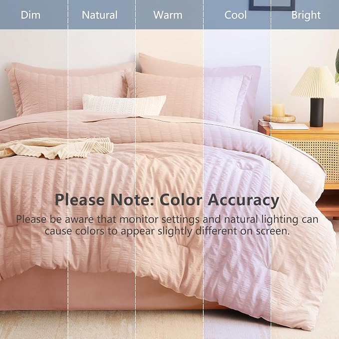 Full Size Comforter Set 7 Pieces Blush Pink Seersucker Bed in a Bag | OEKO-TEX Certified, All Season Bedding Set with 240 GSM Down Alternative Comforter, Flat & Fitted Sheets, Pillowcases & Shams