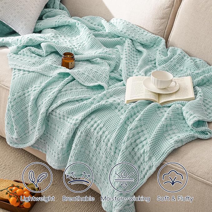 PHF Lightweight 100% Cotton Waffle Blanket for Bed, King, Mint | Pre-Washed Soft Cotton Comfort, Breathable Layering Warmth for Fall & Winter, Bed, Sofa, Couch, Home Decor & Gifts