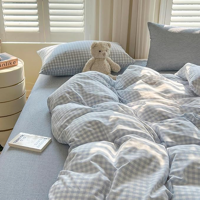 mixinni Light Blue Gingham Duvet Cover Set King Size - 100% Washed Cotton 3 Piece Plaid Checkered Bedding Set, Soft Comfy Grid Farmhouse Comforter Cover with Zipper Closure & Corner Ties