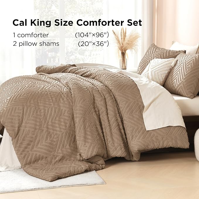 Litanika California King Comforter Set, 3 Pcs Taupe Tufted Boho Bedding Set | Farmhouse Shabby Chic Vintage Bohemian Textured Aesthetic Soft Fluffy Lightweight Breathable All Season Bed Set