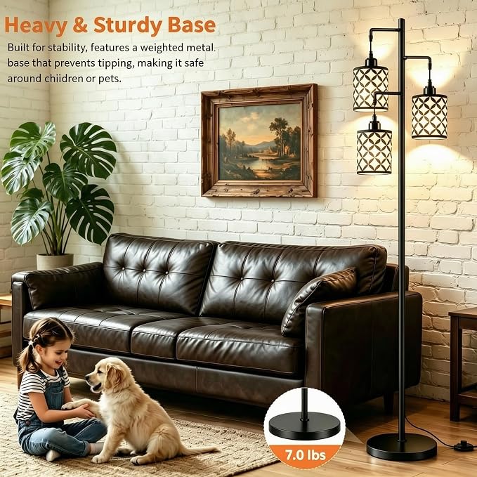 72" Dimmable Floor Lamp with Remote & Timer, Industrial Farmhouse Rustic Standing Lamp for Living Room Bedroom, 3 Individually Controlled Heads, 2 Height Options, 3 x LED Bulbs Included
