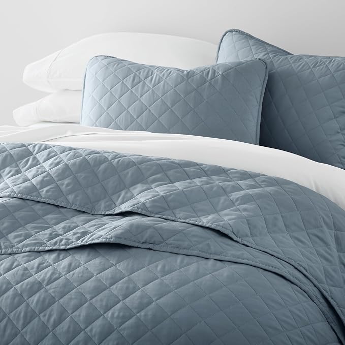 Merit Linens Modern Quilt Coverlet Soft Set in Diamond Stitching - King/Cal-King Dusk Blue