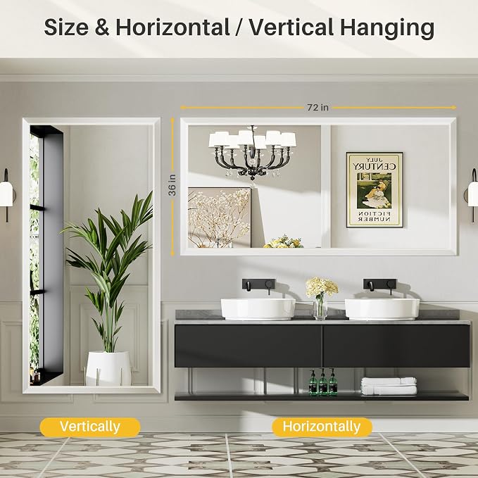 Bathroom Wall Mirror, White Metal Frame, 72x36 Inch | Anti-rust, HD tempered glass, for bathroom vanity, bedroom, living room, horizontal or vertical mount