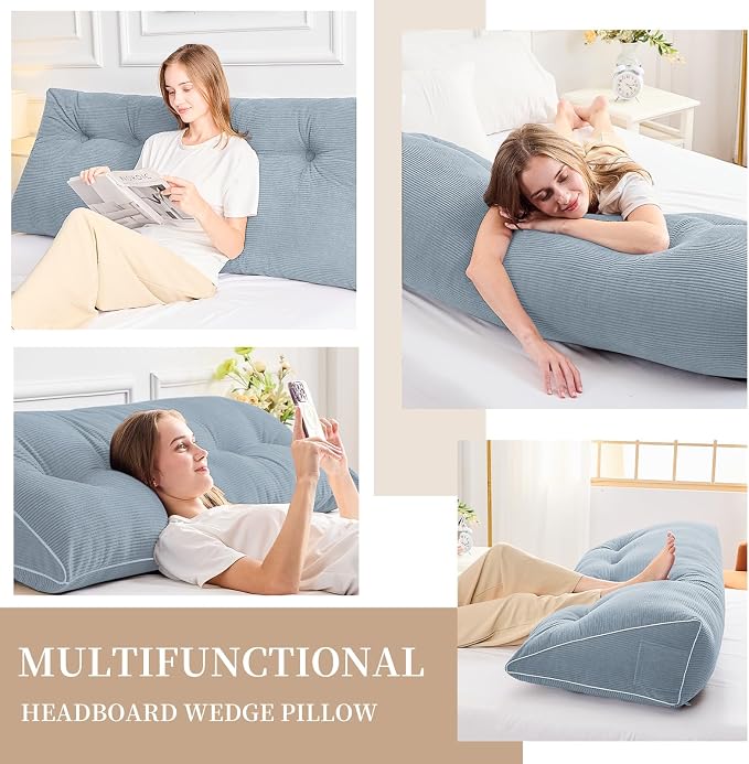 Sasttie Headboard Pillow Full, Wedge Pillow Headboard, Greyish Blue | Triangle Backrest Cushion for Sitting or Reading in Bed, Dorm Essentials, OEKO-TEX, Down Alternative Fill, Side Pockets
