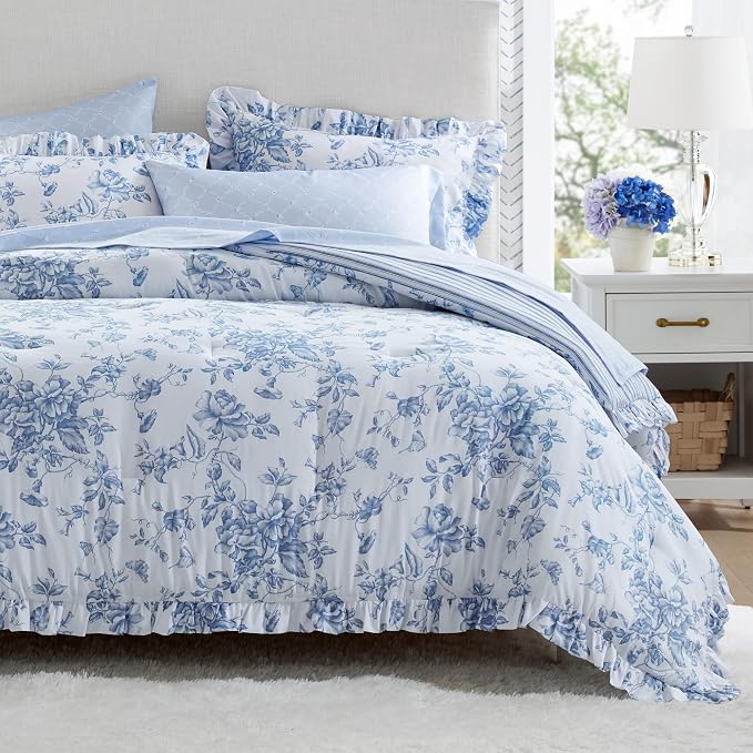 Madison Park Essentials Blue Floral Comforter Set with Sheets Full,7pc | Vintage, Ruffle Bed in a Bag, Reversible, Elegant Bedding Set, All Season, Machine Washable, Wrinkle Resistant, Ultra Soft