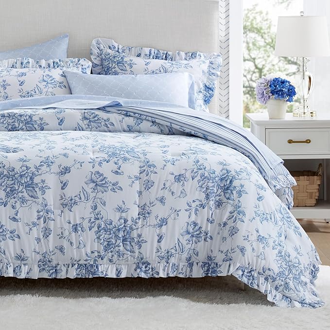 Madison Park Essentials Blue Floral Comforter Set with Sheets Queen,7pc | Vintage, Ruffle Bed in a Bag, Reversible, Elegant Bedding Set, All Season, Machine Washable, Wrinkle Resistant, Ultra Soft