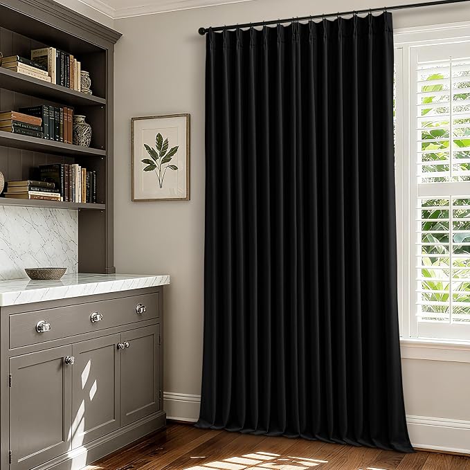 Black 102 Inch Pinch Pleated 100% Blackout Curtains with Liner 2 Panels Set | Thick Linen Textured, Energy Saving, Soundproof, Light UV Blocking, Thermal Insulated Curtain for Living Dining Room Bedroom