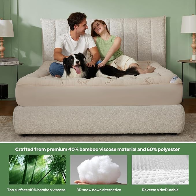 BEDLORE Queen Mattress Topper Viscose Bamboo, Thick Pillow Top Mattress Pad | Stretchable Pockets Fit 6”-18” Mattress, Soft Breathable Mattress Topper for Back Pain Relief and Hot Sleepers(Beige)