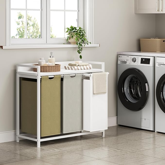 Herture Laundry Hampers with Shelf, Laundry Basket 3 Section, Laundry Sorter with Pull-Out Removable Large 3 Color Bags and Movable Wheels, Metal Frame, 3 x 15.87 Gallons (60L), White PF04XLE
