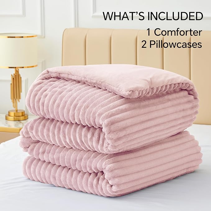 BEDELITE Fleece California King Comforter Set, Fluffy Bed Set, Pink | Super Soft & Warm Bedding, Luxury Fuzzy Faux Fur Comforter for Winter, Heavy Plush Bedding, with 2 Pillowcases