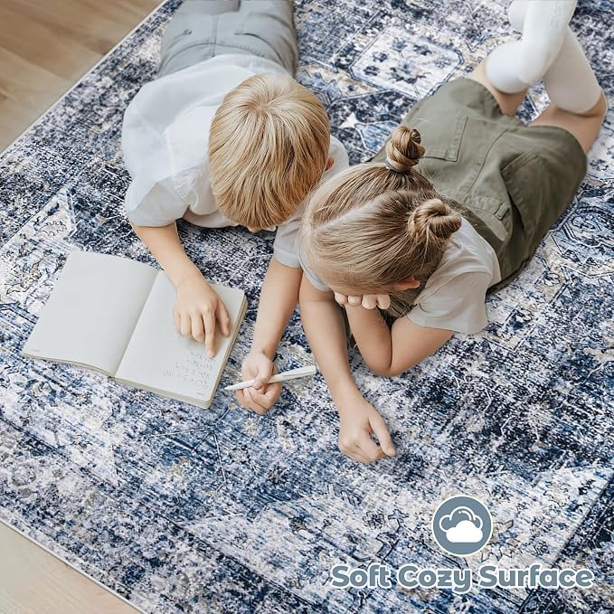 Area Rug 9x12 Washable Rug, Vintage Boho Medallion Rugs Non-Slip Soft Low Pile Large Distressed Rug Indoor Retro Carpet for Living Room Bedroom Dining Room Home Office (Blue, 9'x12')