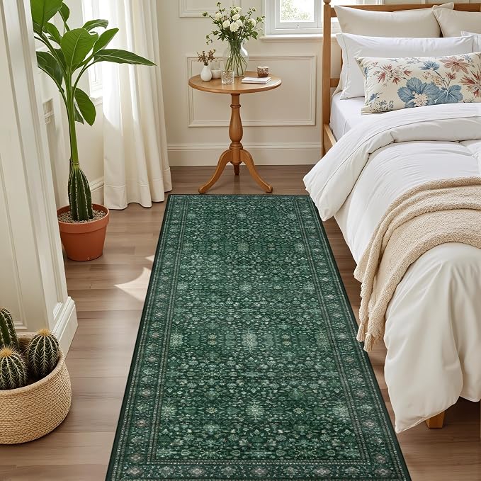 Hallway Runner Rug: 2.6x8 Kitchen Rugs for Living Room Deep Green | Runner Rug Hallway Washable Rug No Slip Soft Bedroom Rug Indoor Floor Stain Resistant Carpets for Entryway, Laundry, Bathroom